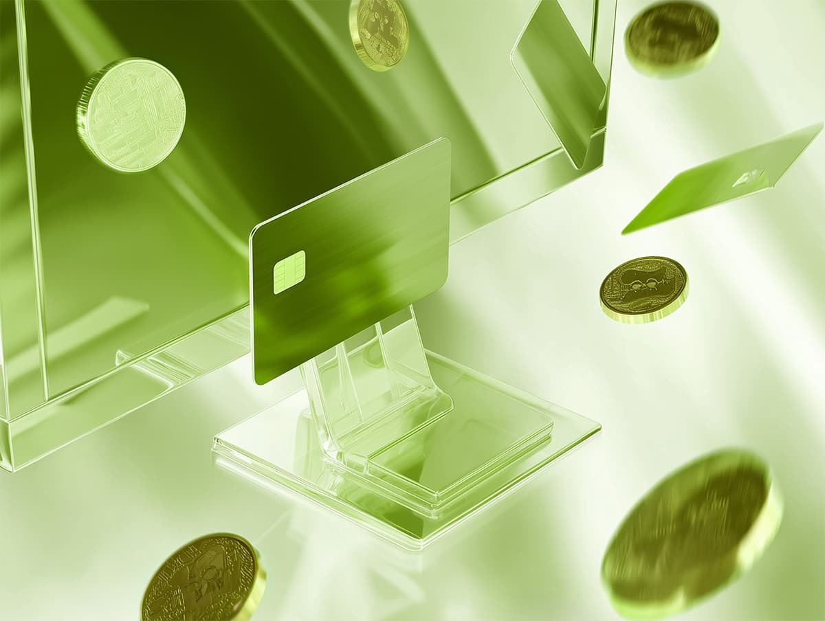 A glass rectangle on an abstract background in green and grey.