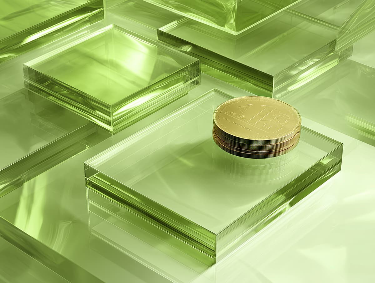 A glass rectangle on an abstract background in green and grey.